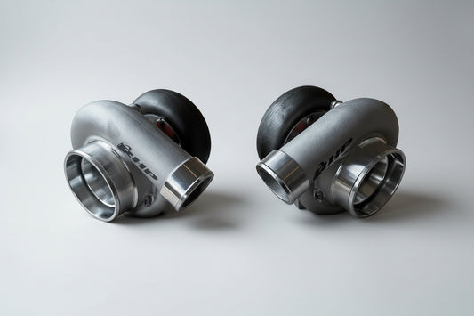 Two turbochargers on a dark background with lightning effects